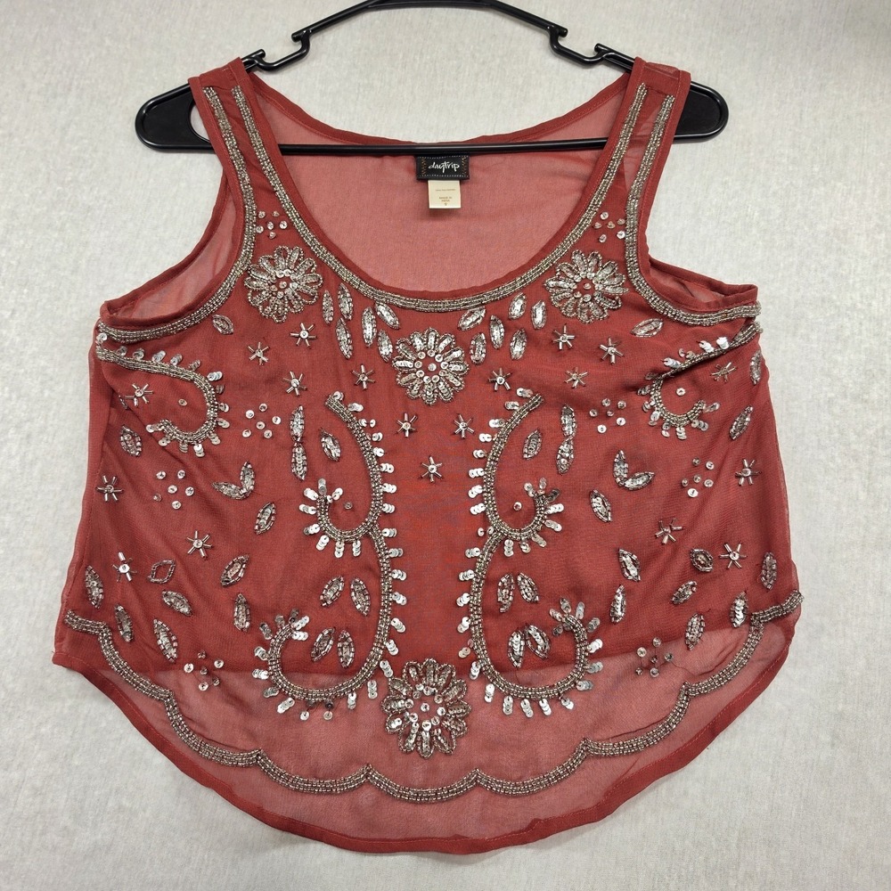 Daytrip Rust Red Sheer Mesh Beaded Sequined Crop Tank Top Size S Y2K Whimsigoth